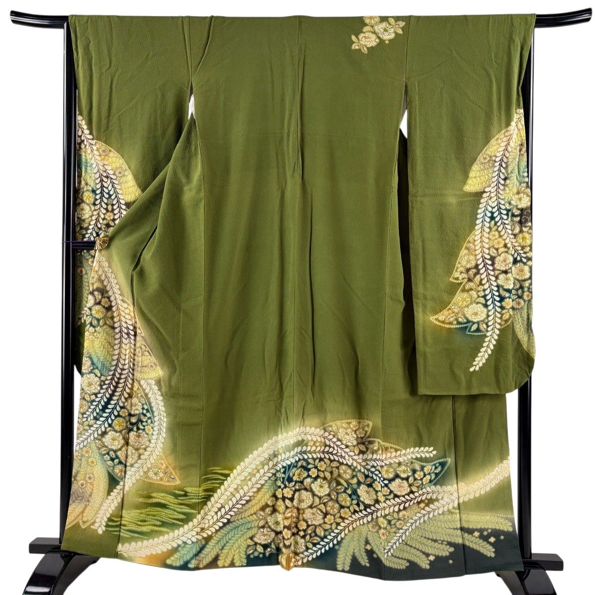 振袖 身丈161cm 裄丈66cm M 袷 草花 霞 絞り ぼかし よもぎ色 正絹 名品 【中古】