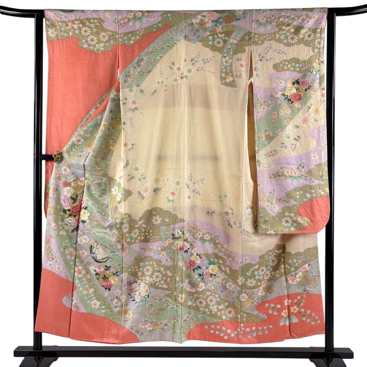振袖 身丈152.5cm 裄丈62cm S 袷 花丸文 鶴 刺繍 金銀彩 サーモンピンク 正絹 名品 【中古】