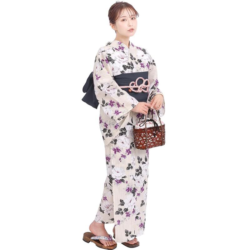 【新品】 [Fuuka] 浴衣 2点 セット レディース フリーサイズ くちなし 白紫 (兵児帯/日本製/ブラック)X1427B256
