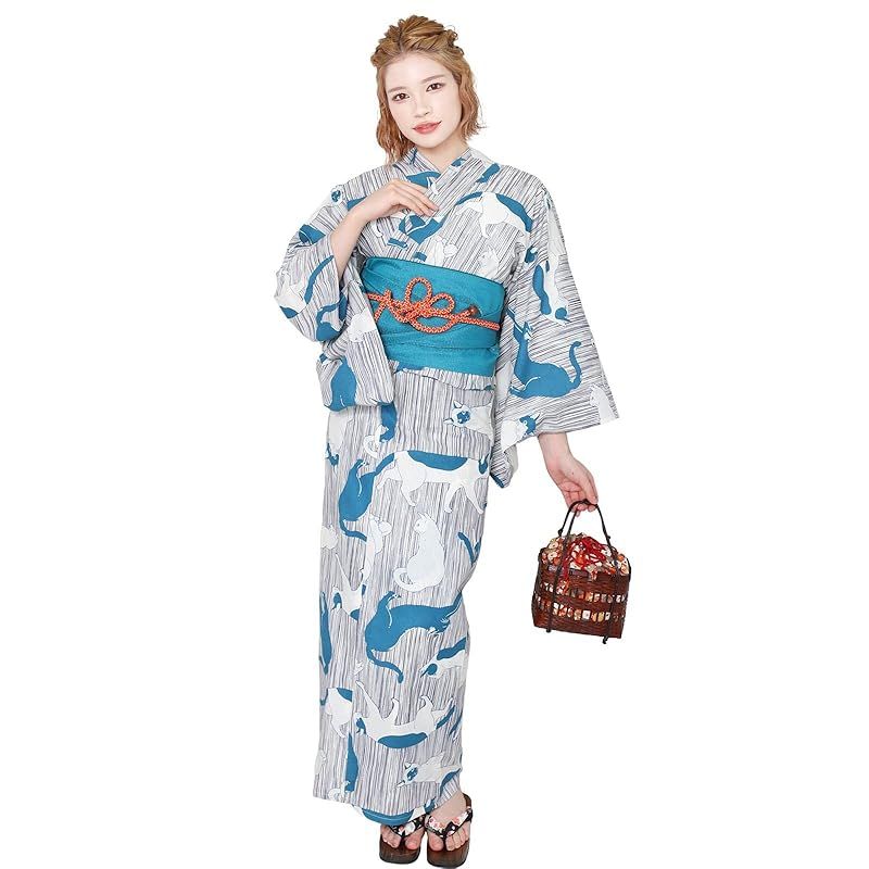 【新品】 [Fuuka] 風香 浴衣 兵児帯 2点 セット レディース フリーサイズ 猫 ブルー (兵児帯/日本製/ターコイズ)X2312B167