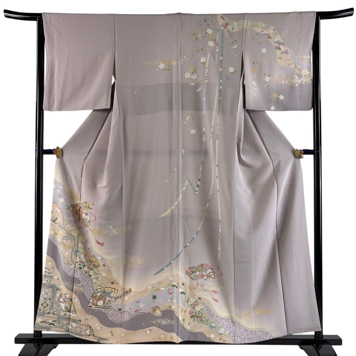 訪問着 身丈156cm 裄丈64cm M 袷 鼓 花鳥 金銀彩 ぼかし 灰紫 正絹 名品 【中古】