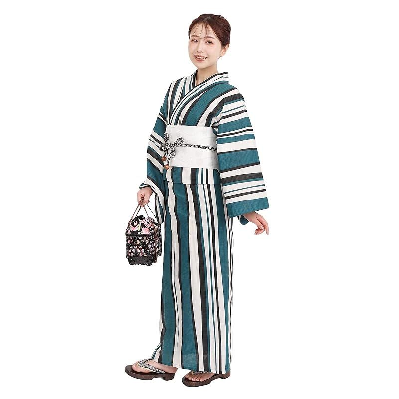 【新品】 [Fuuka] 二部式 浴衣 作り帯 2点 セット セパレート レディース フリーサイズ 縞 青緑 (リボン作り帯/日本製/白)X14B25LRWH 7,767円