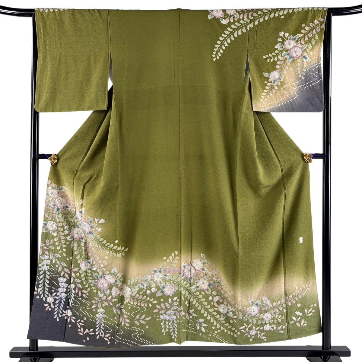 訪問着 身丈153.5cm 裄丈64.5cm M 袷 落款 辻が花 流水 ぼかし 鶯色 正絹 名品 【中古】
