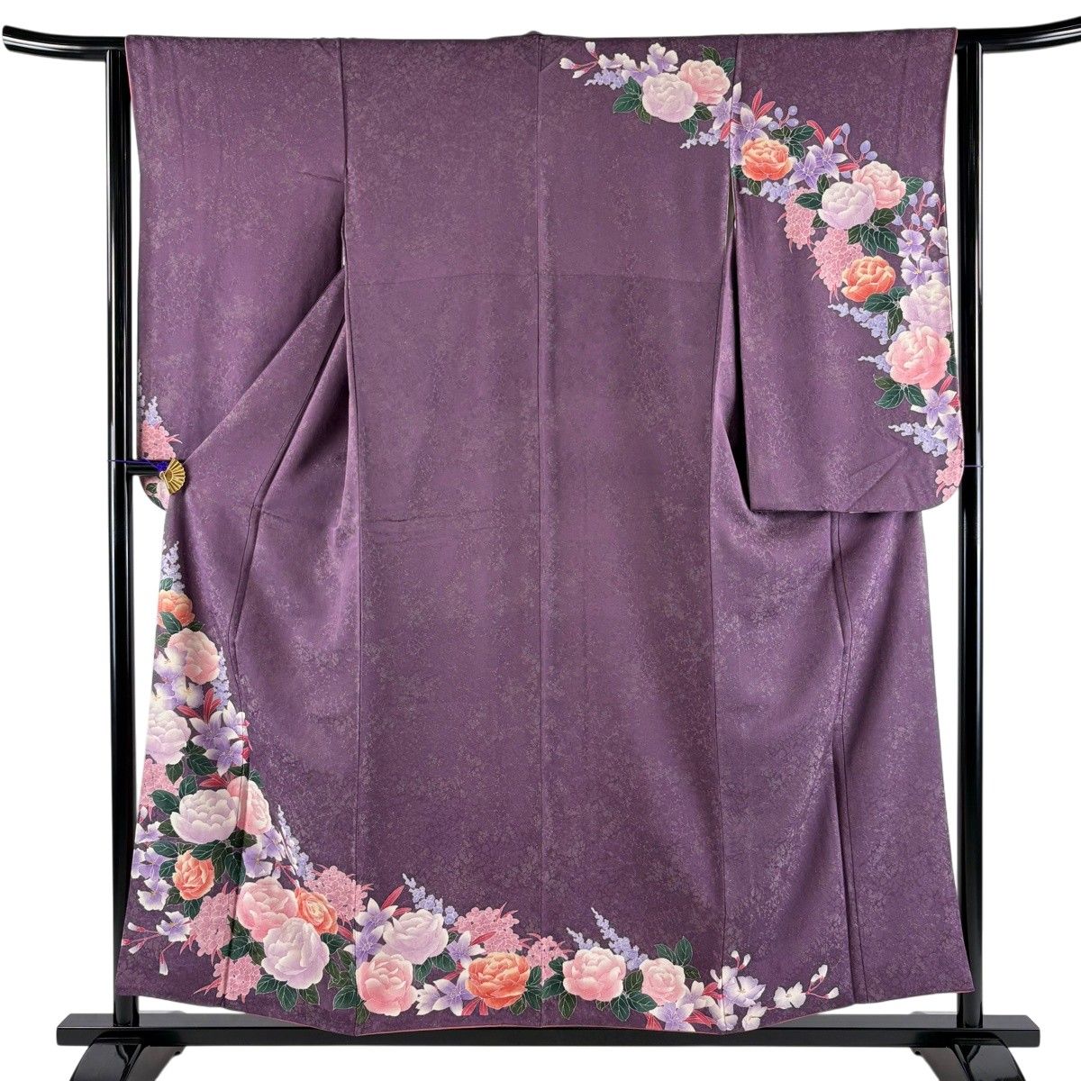 【美品】 振袖 身丈155cm 裄丈63cm S 袷 二尺袖 草花 地紋 金通し 金彩 紫 正絹 名品 【中古】