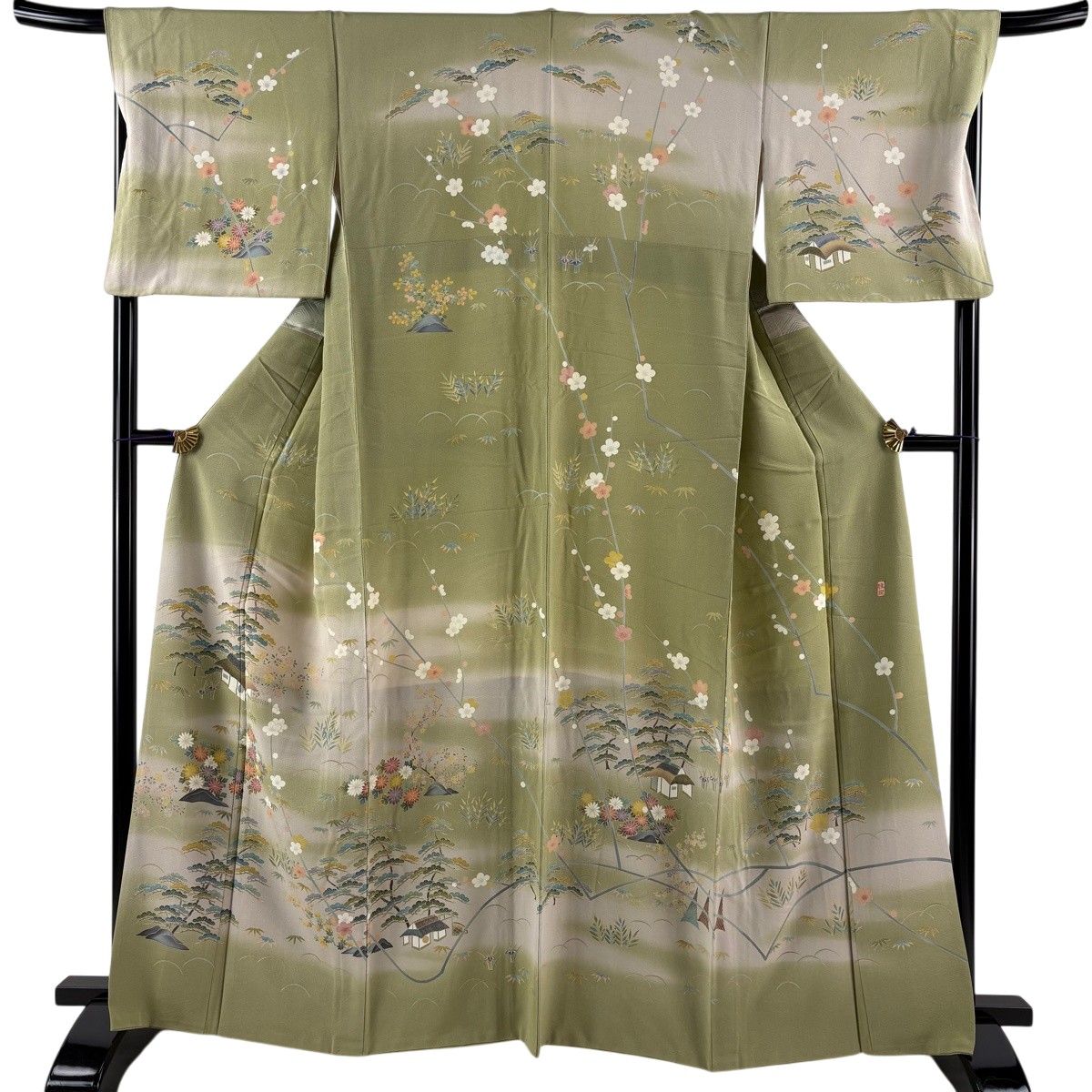 訪問着 身丈163cm 裄丈68cm L 袷 落款 松竹梅 建物 ぼかし 抹茶色 正絹 名品 【中古】