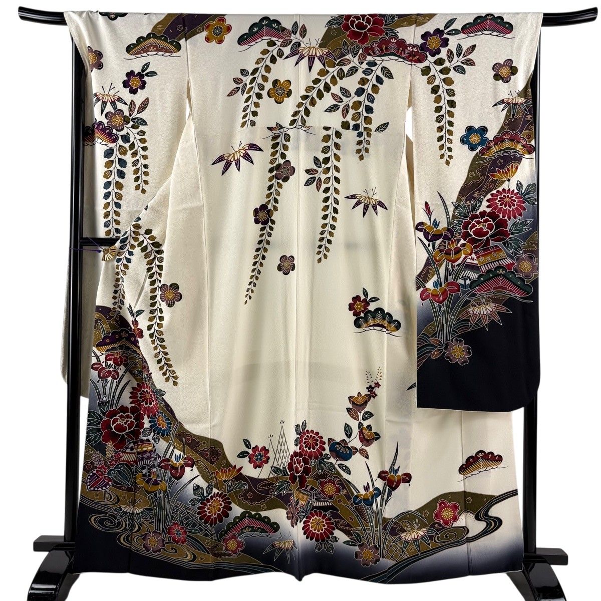 振袖 身丈165cm 裄丈68cm L 袷 松 草花 ぼかし クリーム 正絹 名品 【中古】