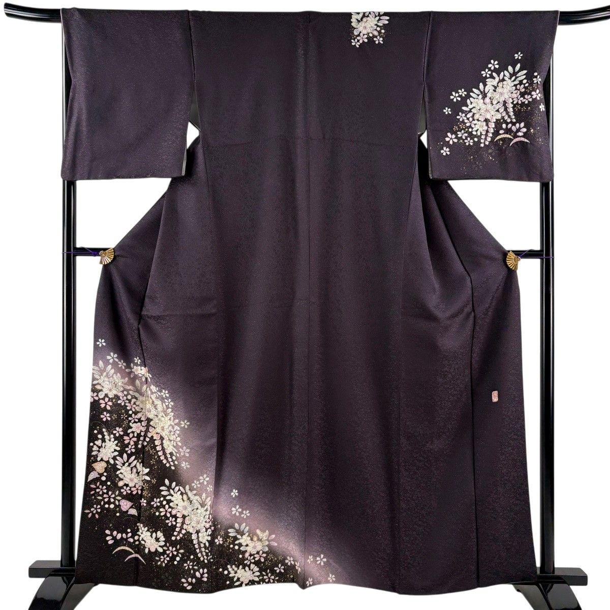 【美品】 訪問着 身丈161.5cm 裄丈67.5cm L 袷 落款 草花 金通し 絞り 濃紫 正絹 名品 【中古】