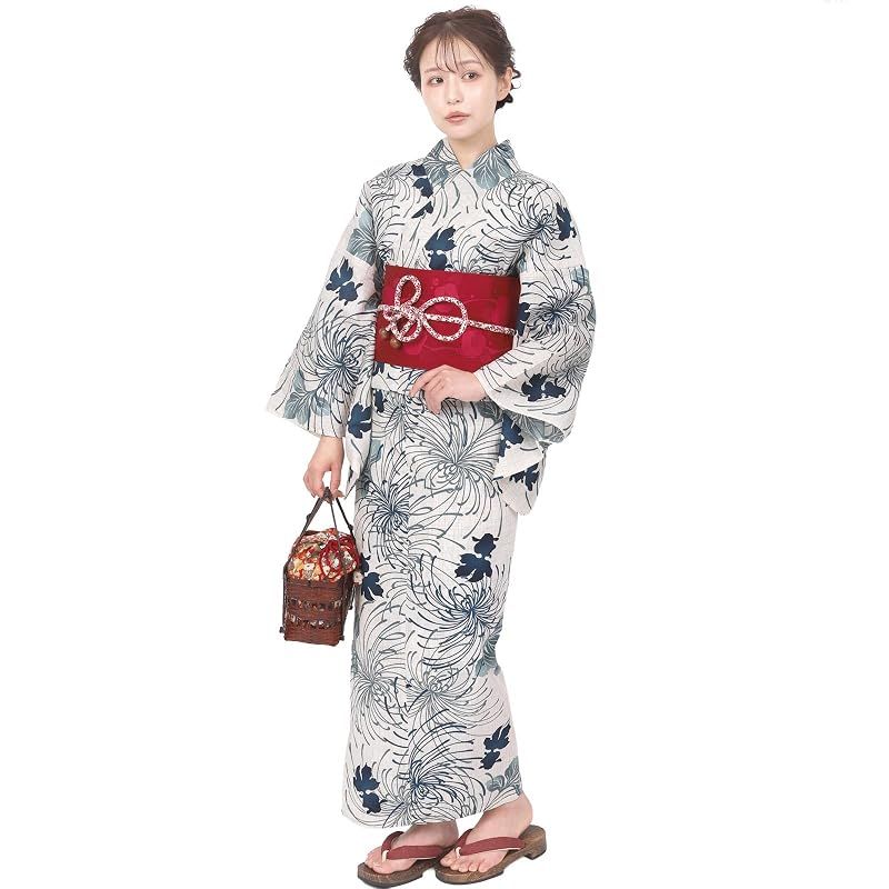 【新品】 風香 浴衣 レディース 二部式 セパレート ワンタッチ 作り帯 2点 セット フリーサイズ 金魚 白ベージュ (作り帯/日本製/茜色)X50H0609