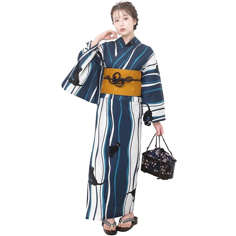 【新品】 [Fuuka] 風香 浴衣 レディース 二部式 セパレート ワンタッチ 作り帯 2点 セット フリーサイズ 猫縞 ターコイズ (作り帯/日本製/からし)X50H0411