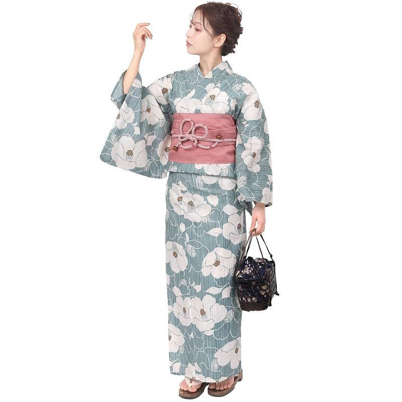 【新品】 [Fuuka] 風香 浴衣 レディース 二部式 兵児帯 2点セット セパレート フリーサイズ 椿 スモーキーブルー (兵児帯/日本製/コーラル)X50H07B232