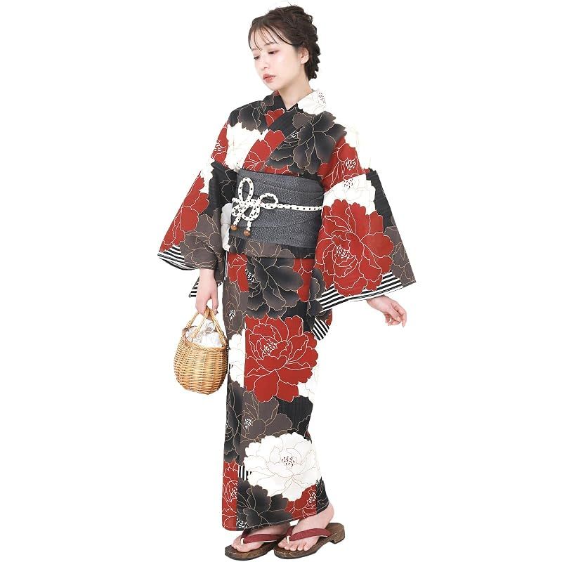 【新品】 風香 浴衣 レディース 二部式 兵児帯 2点セット セパレート フリーサイズ 牡丹 黒 (兵児帯/日本製/ブラック)X50H12B256