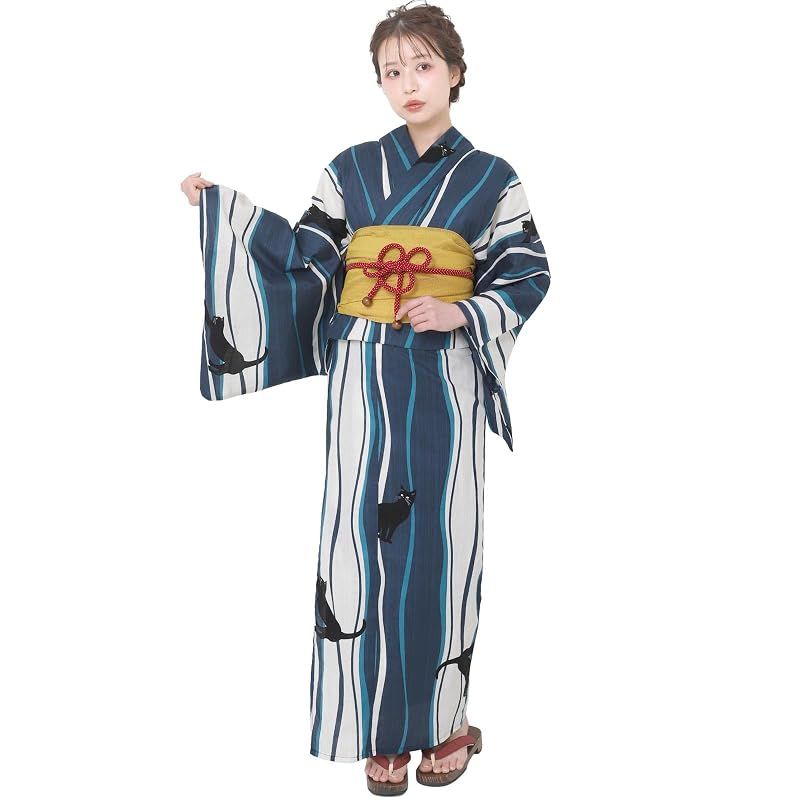 【新品】 [Fuuka] 風香 浴衣 レディース 二部式 兵児帯 2点セット セパレート フリーサイズ 猫縞 ターコイズ (兵児帯/日本製/山吹色)X50H04B152
