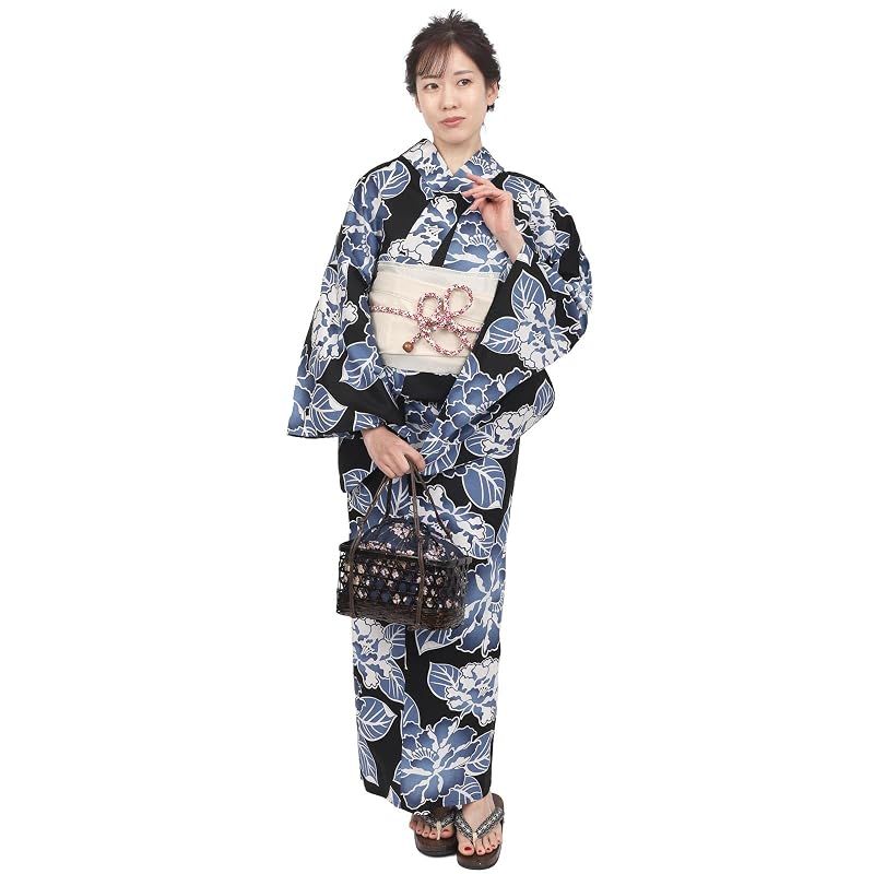 【新品】 [Fuuka] 風香 浴衣 レディース 兵児帯 2点セット フリーサイズ 牡丹 黒 (兵児帯/日本製/オフホワイト) X4018B-B104
