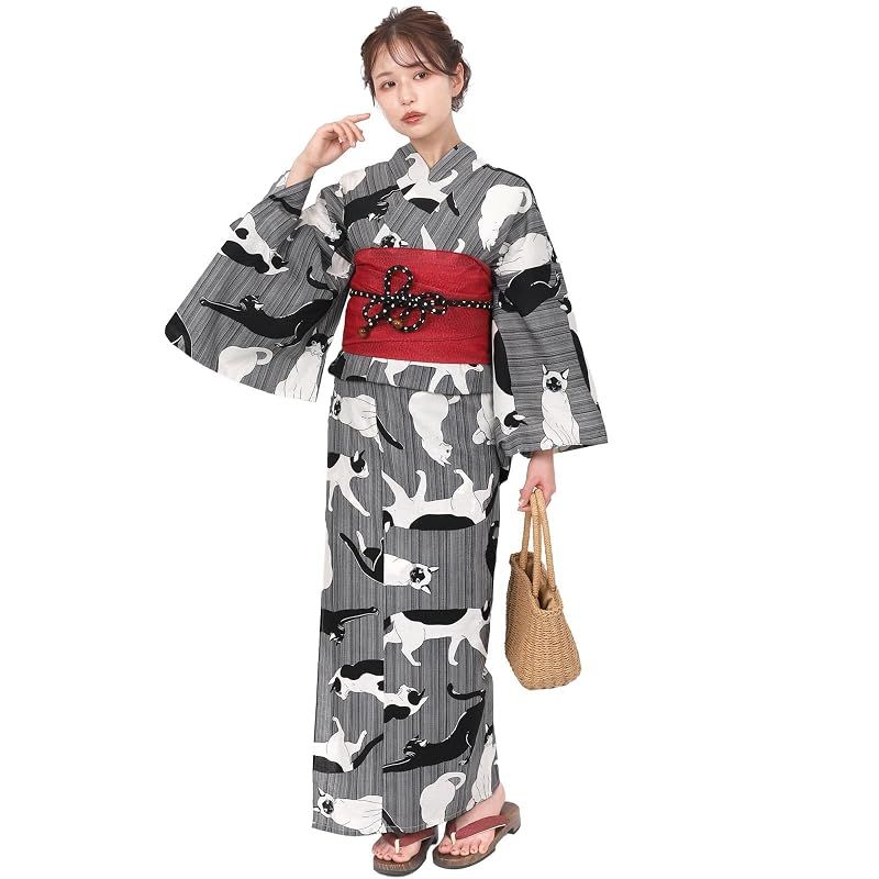 【新品】 [Fuuka] 風香 浴衣 兵児帯 2点 セット レディース フリーサイズ 猫 モノトーン (兵児帯/日本製/レッド) X5003B115