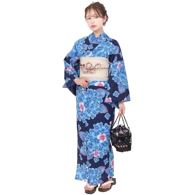 【新品】 [Fuuka] 浴衣 レディース セット 2点 大人 フリーサイズ 紫陽花 (紺) x 兵児帯 (日本製/オフホワイト)