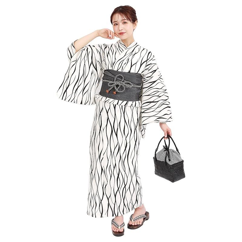 【新品】 [Fuuka] 風香 浴衣 4Lサイズ レディース 兵児帯 2点セット 大きいサイズ たてわく 白黒 (兵児帯/日本製/ブラック) X4014B-4LB256