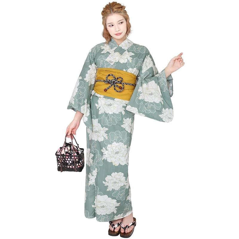 【新品】 [Fuuka] 風香 浴衣 レディース 二部式 兵児帯 2点セット セパレート フリーサイズ 牡丹 ブルーグリーン (兵児帯/日本製/山吹色)X50H10B152