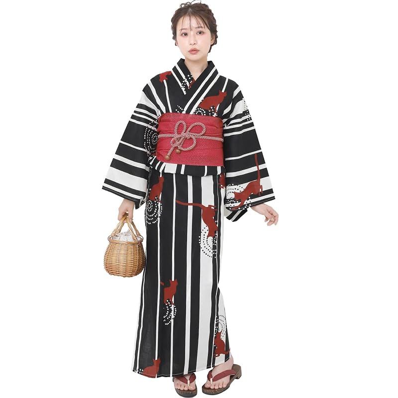 【新品】 [Fuuka] 風香 二部式 浴衣 単品 レディース セパレート フリーサイズ 猫 白黒 X50H09