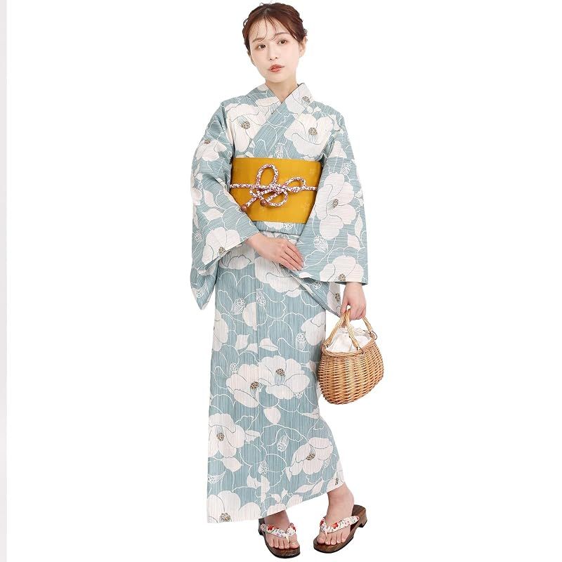 【新品】 [Fuuka] 風香 浴衣 レディース 二部式 セパレート ワンタッチ 作り帯 2点 セット フリーサイズ 椿 ブルー (作り帯/日本製/イエロー) X14H2011