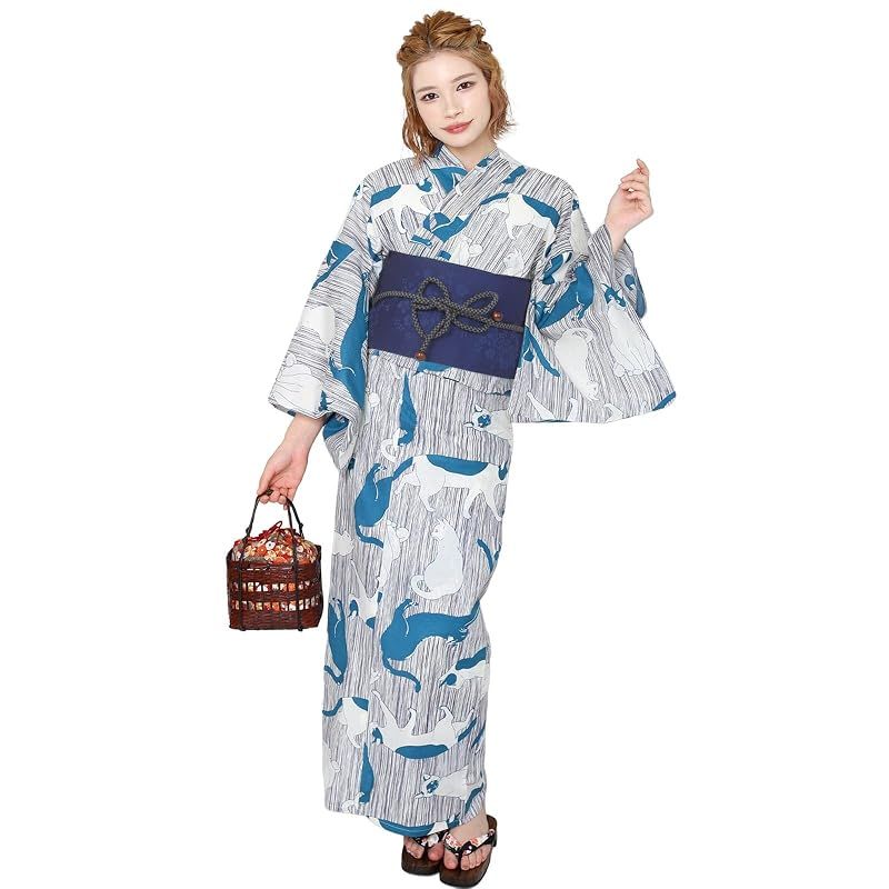 【新品】 風香 浴衣 レディース 作り帯 ワンタッチ 2点 セット フリーサイズ 猫 ブルー (ワンタッチ作り帯/日本製/ネイビー) X231207