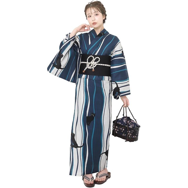 【新品】 風香 浴衣 レディース 作り帯 ワンタッチ 2点 セット フリーサイズ 猫縞 ターコイズ (ワンタッチ作り帯/日本製/黒) X500419