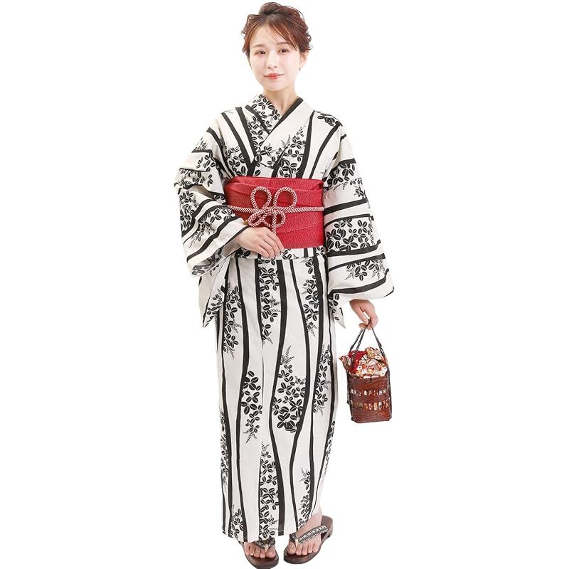 【新品】 [Fuuka] 浴衣 2点 セット レディース フリーサイズ たてわく ベージュ (兵児帯/日本製/レッド)X3307B115