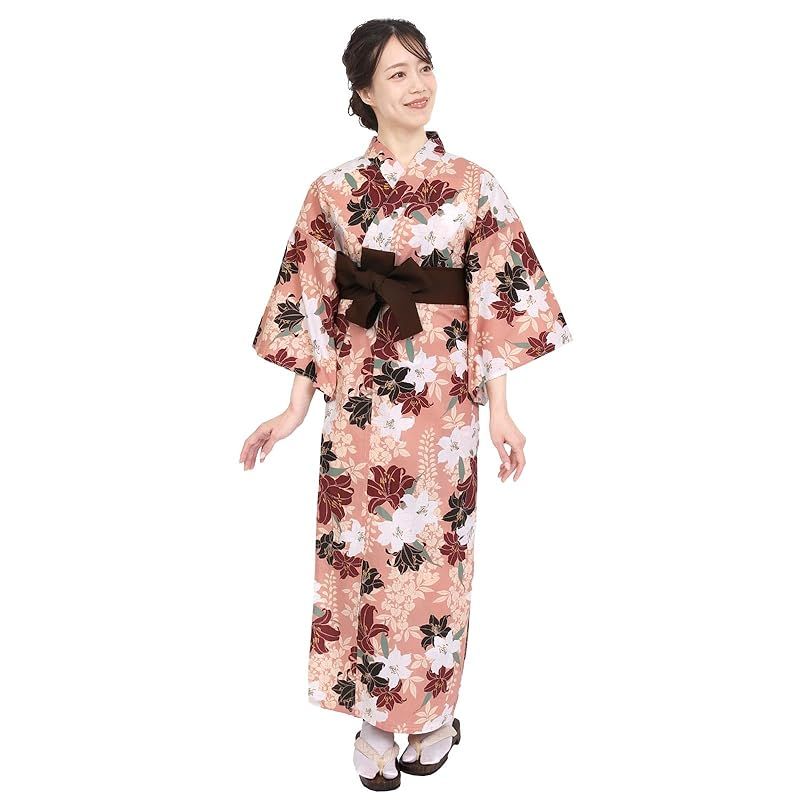 【新品】 [Fuuka] 旅館浴衣 帯 2点セット リネン浴衣 レディース 大きいサイズ 業務用 寝巻き 温泉浴衣 おしゃれ 色みやび 帯付き （百合の華/茶）Lサイズ