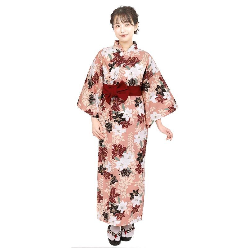 【新品】 [Fuuka] 旅館浴衣 帯 2点セット リネン浴衣 レディース 大きいサイズ 業務用 寝巻き 温泉浴衣 おしゃれ 色みやび 帯付き （百合の華/エンジ）Lサイズ