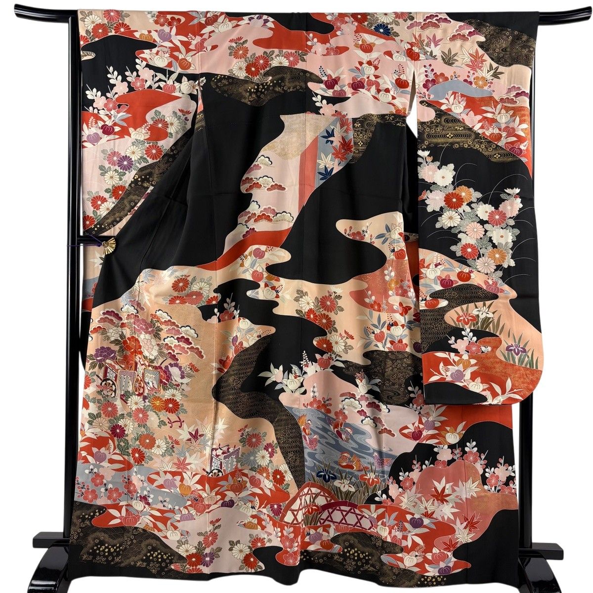 振袖 身丈167cm 裄丈66cm M 袷 御所車 草花 金糸 金彩 黒 正絹 名品 【中古】 10,804円