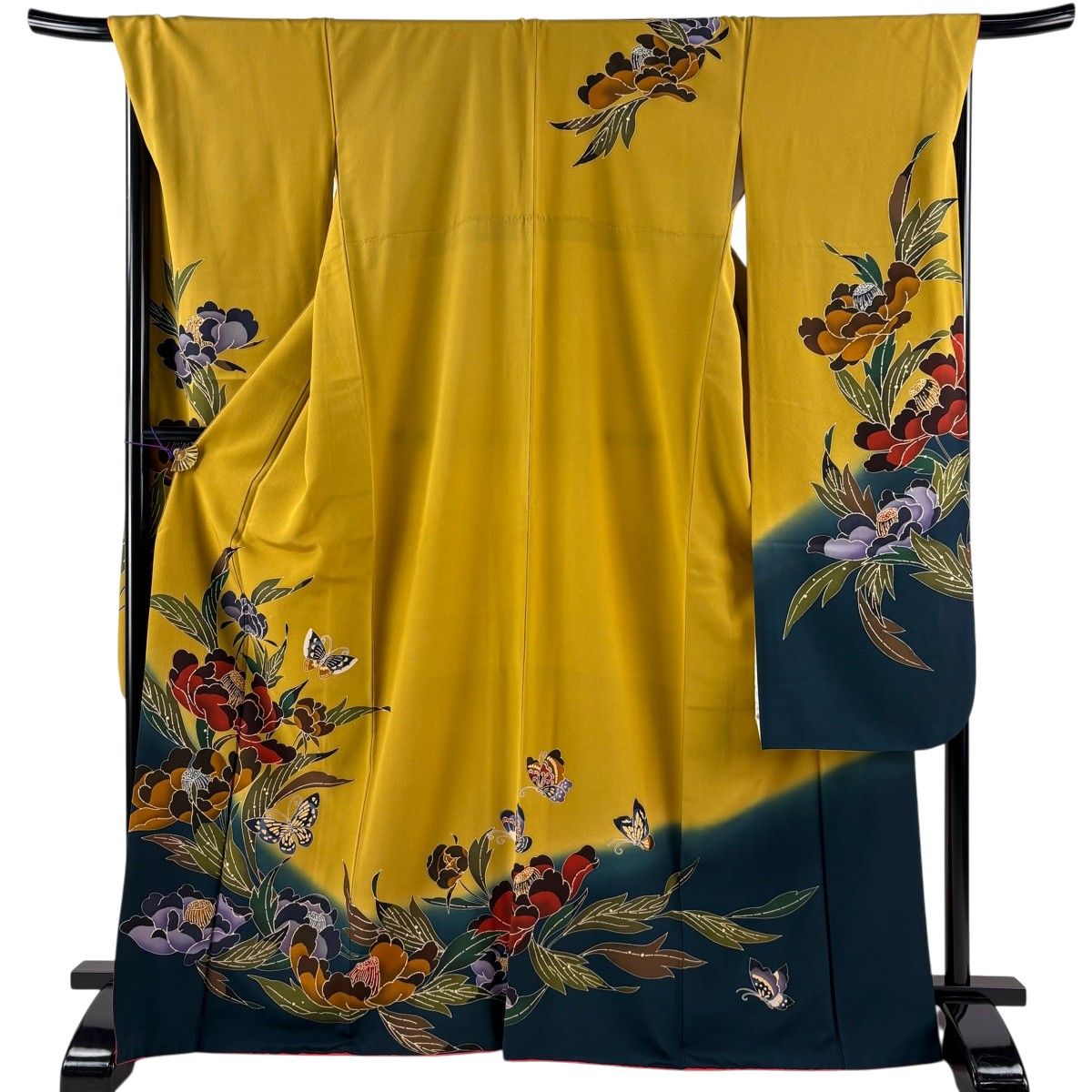 振袖 身丈168.5cm 裄丈69cm L 袷 椿 蝶 染め分け ぼかし 山吹茶色 正絹 名品 【中古】