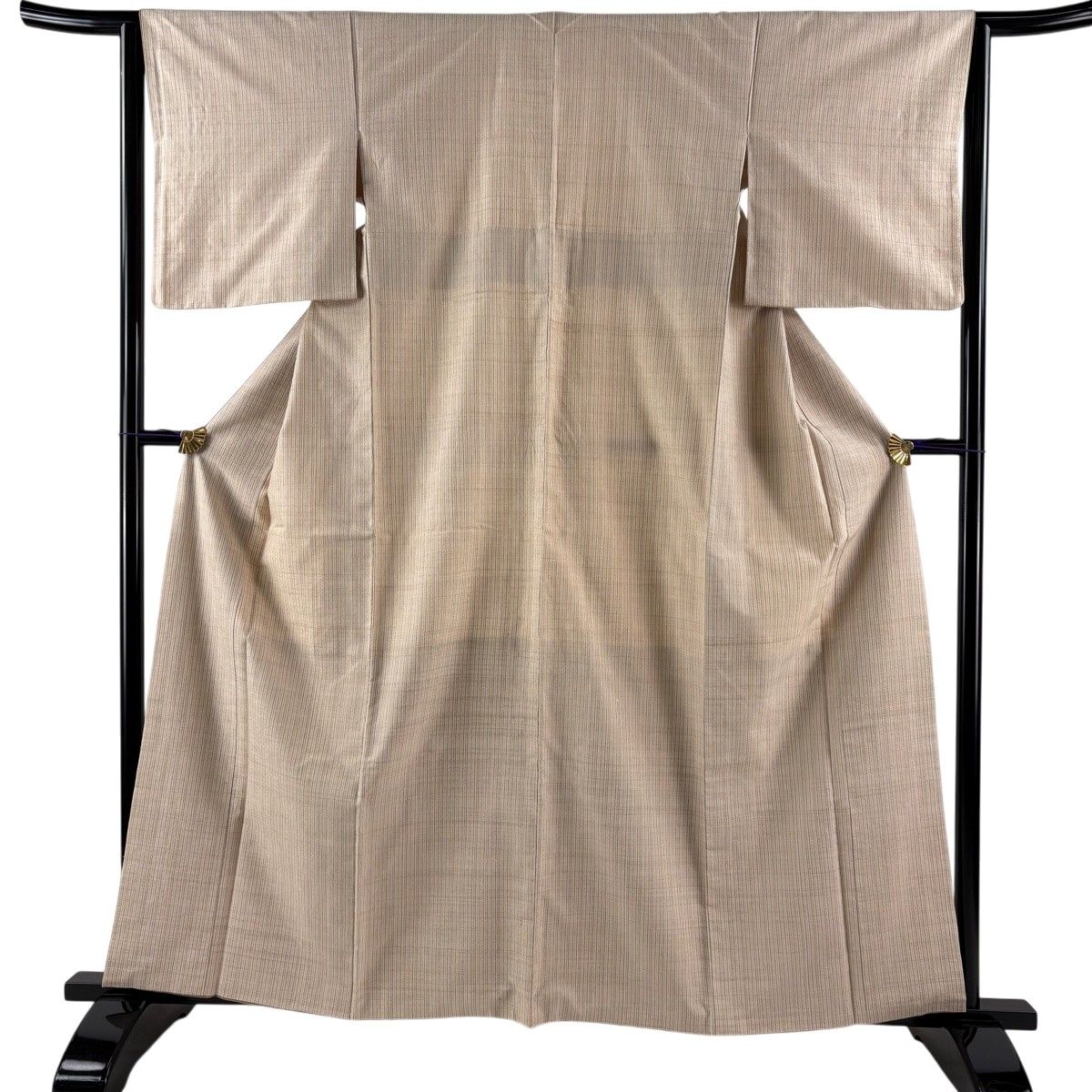 【美品】 紬 身丈162cm 裄丈63cm S 袷 縦縞 ベージュ 正絹 名品 【中古】