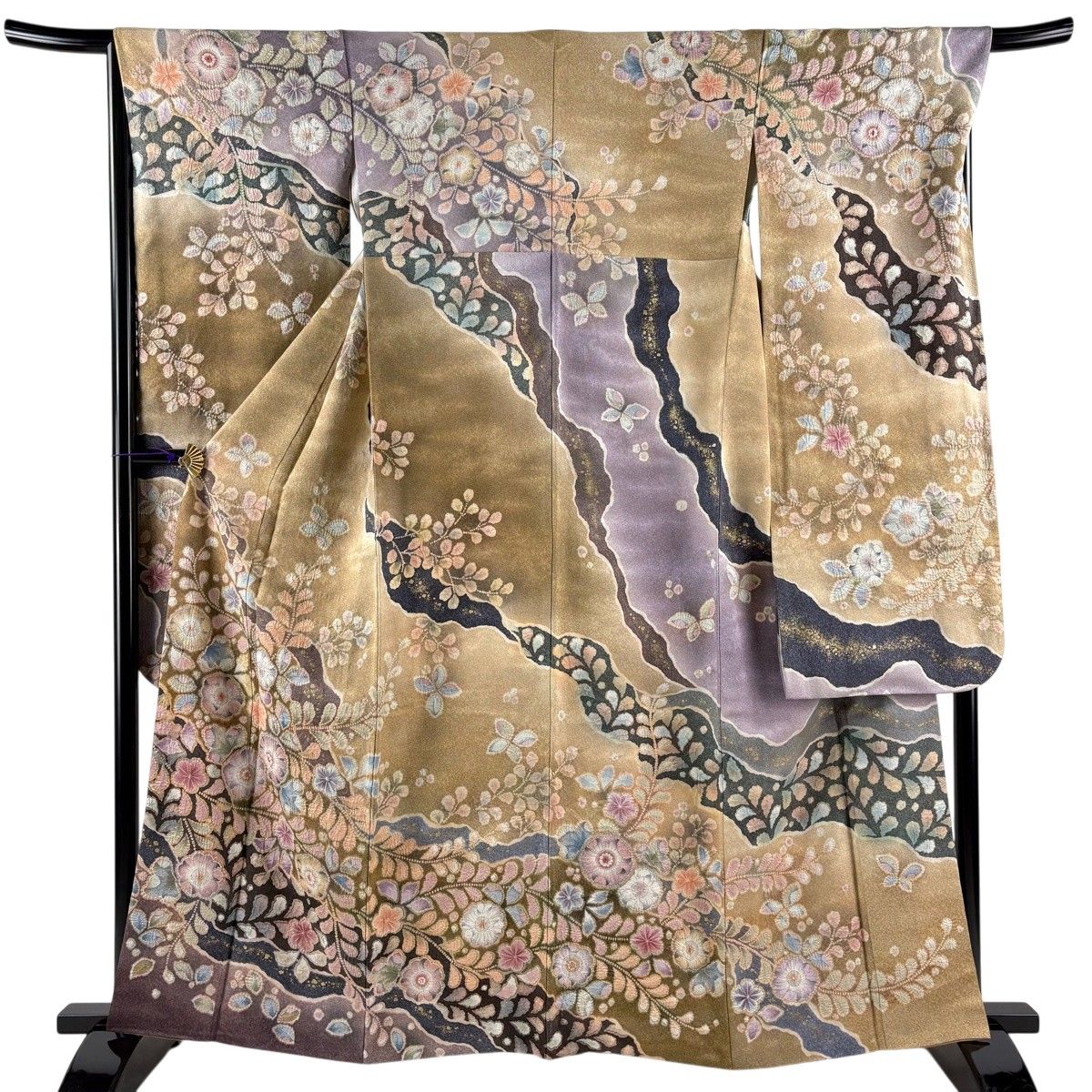 【美品】 振袖 身丈163cm 裄丈66cm M 袷 翠山工房 落款 辻が花 金彩 銀通し 薄茶色 正絹 逸品 【中古】