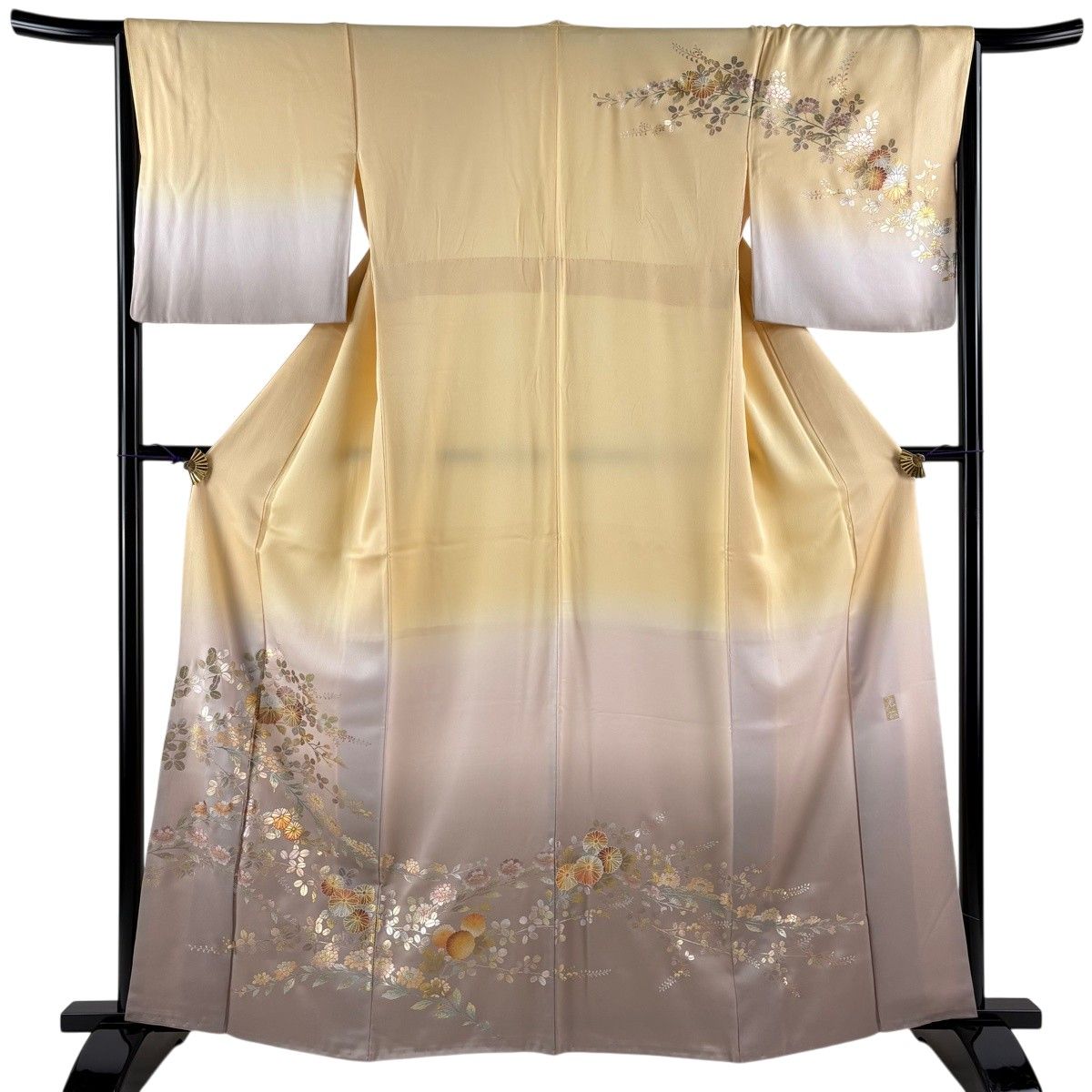 訪問着 身丈162.5cm 裄丈65cm M 袷 和田光正 落款 秋草 金銀彩 ぼかし 薄オレンジ 正絹 逸品 【中古】
