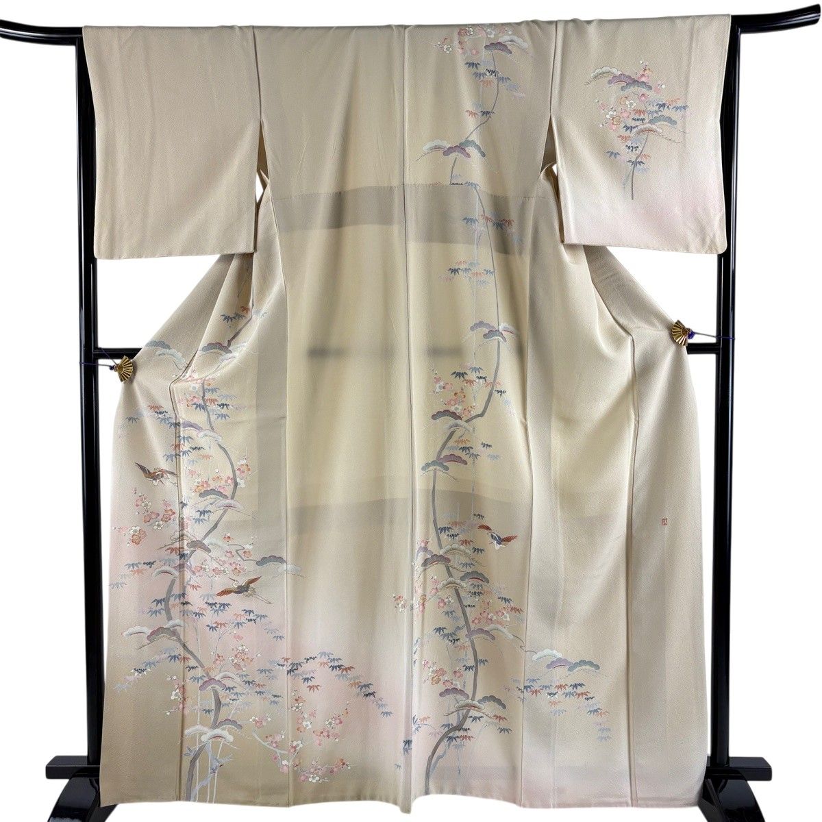 訪問着 身丈164cm 裄丈65.5cm M 袷 落款 松竹梅 鳥 金彩 ぼかし ベージュ 正絹 名品 【中古】