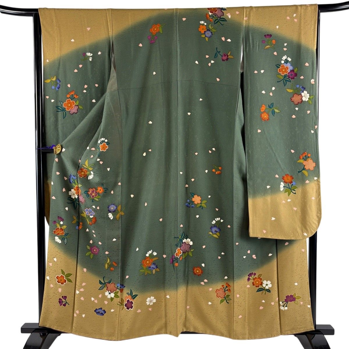 振袖 身丈159cm 裄丈66cm M 袷 桜 桜の花びら 金糸 金彩 灰緑 正絹 名品 【中古】