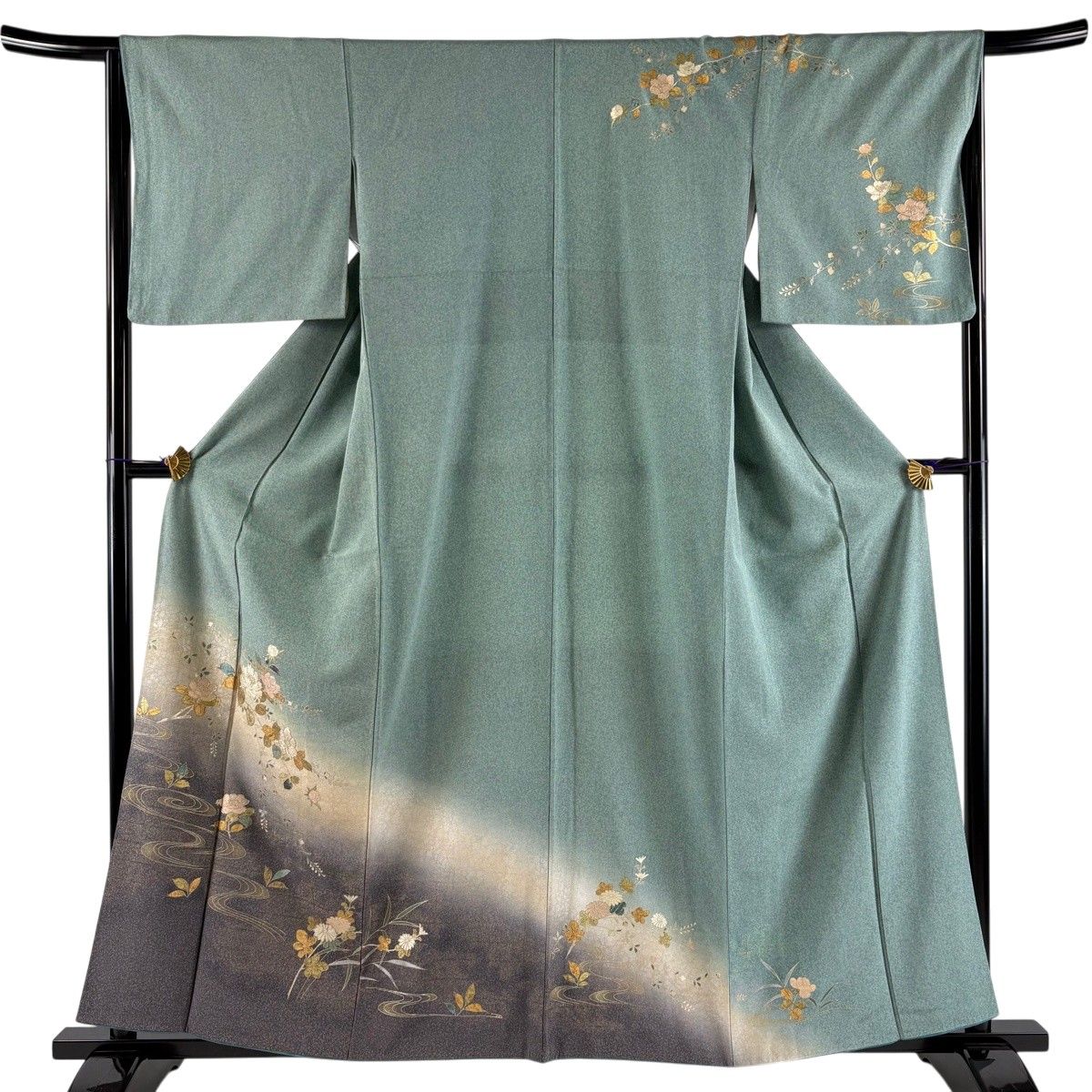 訪問着 身丈159cm 裄丈65cm M 袷 草花 流水 螺鈿 金銀彩 薄緑 正絹 名品 【中古】