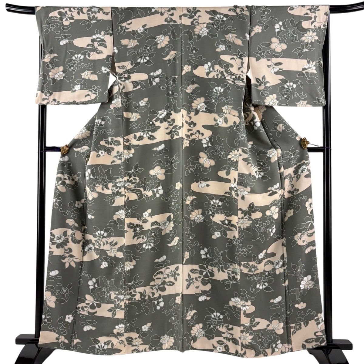 【美品】 小紋 身丈160cm 裄丈67cm M 袷 草花 霞 灰緑 正絹 秀品 【中古】
