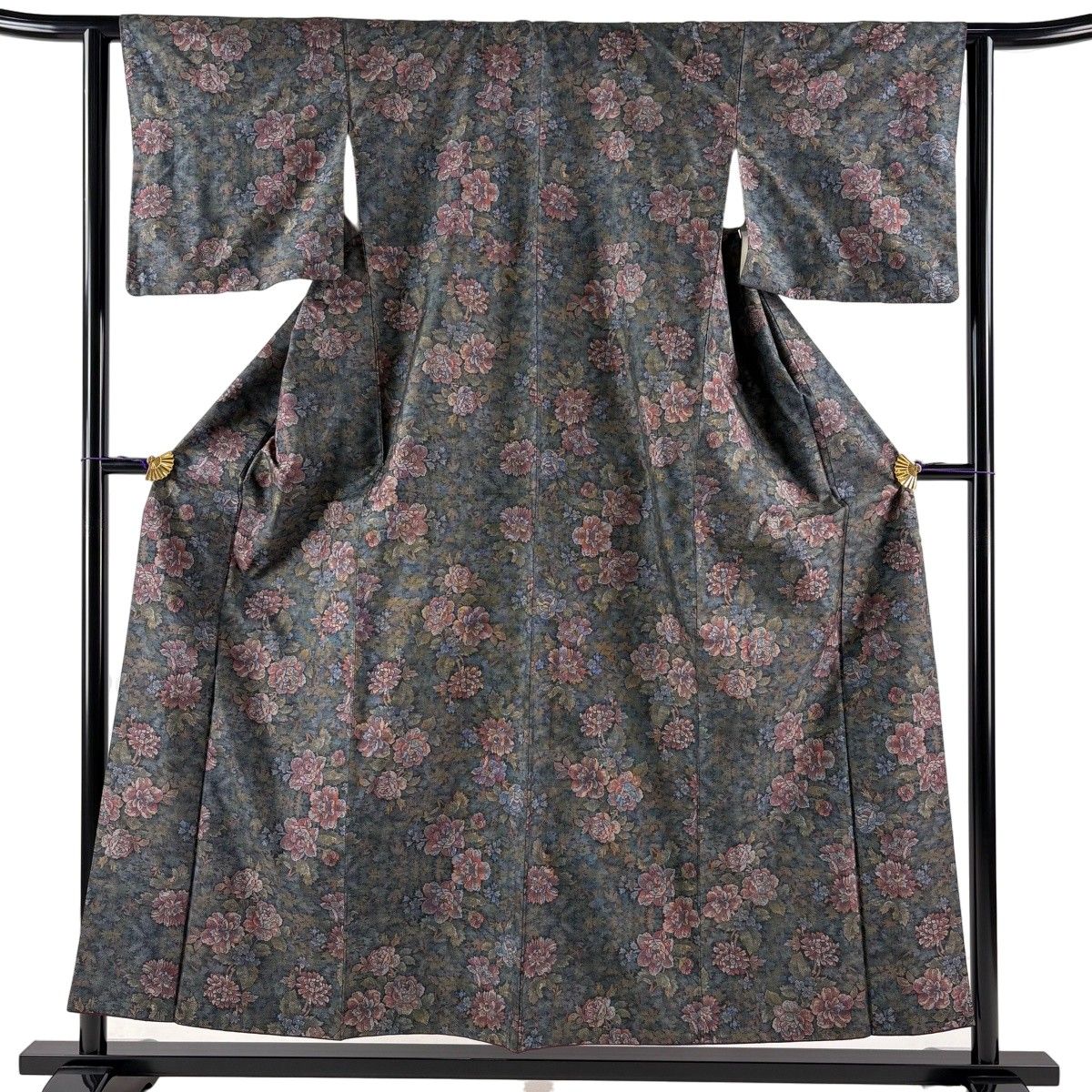 【美品】 紬 身丈155.5cm 裄丈62.5cm S 袷 草花 深緑 正絹 秀品 【中古】