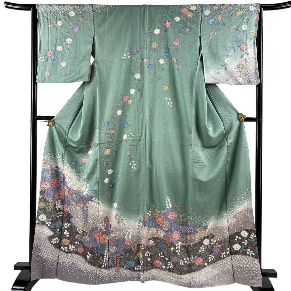 訪問着 身丈165cm 裄丈64cm M 袷 桜 霞 絞り 金彩 灰緑 正絹 秀品 【中古】