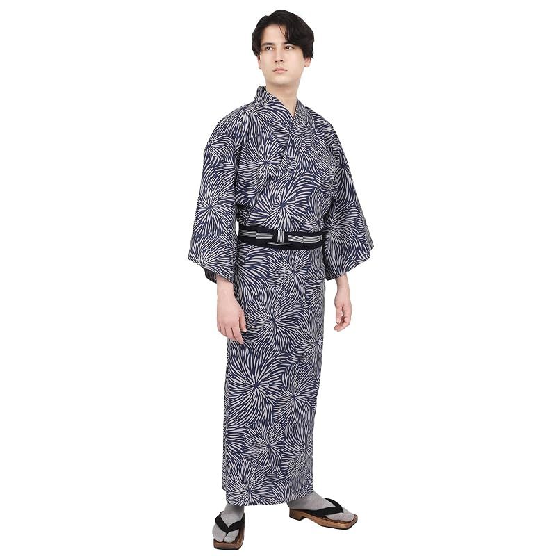 【新品】 [Fuuka] 旅館浴衣 帯 2点 セット 男女兼用 温泉 浴衣 リネン 丹前帯 業務用 菊花紋 Lサイズ (平帯/紺)