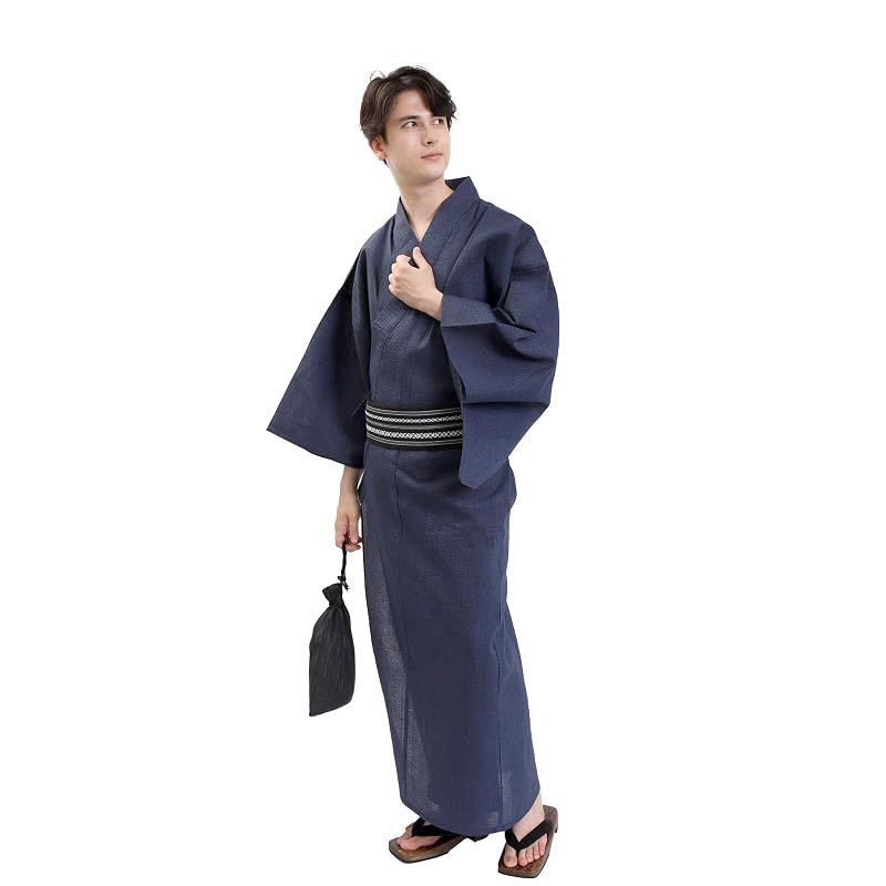 【新品】 [Fuuka] [風香] 浴衣 メンズ セット 4点 帯 下駄 腰紐 綿麻 紳士 Mサイズ 藍縞 (腰紐/下駄/角帯/B43黒)WN06M