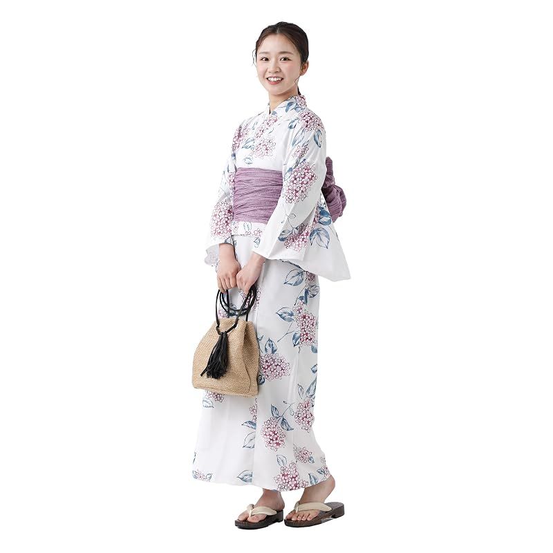 【新品】 [たゆたふ] セパレート浴衣 3点 セット 帯 下駄 花柄 簡単 二部式 兵児帯 浴衣セット レディース かわいい おしゃれ 花火大会 夏祭り 小さいサイズ 大きいサイズ (A 白地 紫陽花, LL)