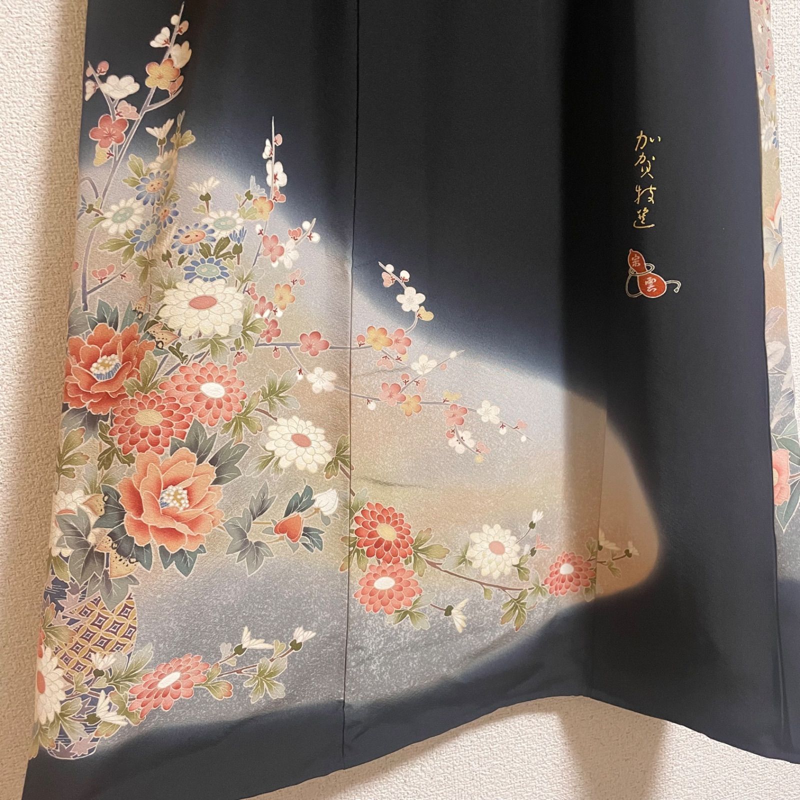 ♥セール♥着物リメイク　作家物　吉祥花文　ロングワンピース　七分袖 一点物 着物リメイク ロングワンピース ドレス 黒留袖 正絹 作家物