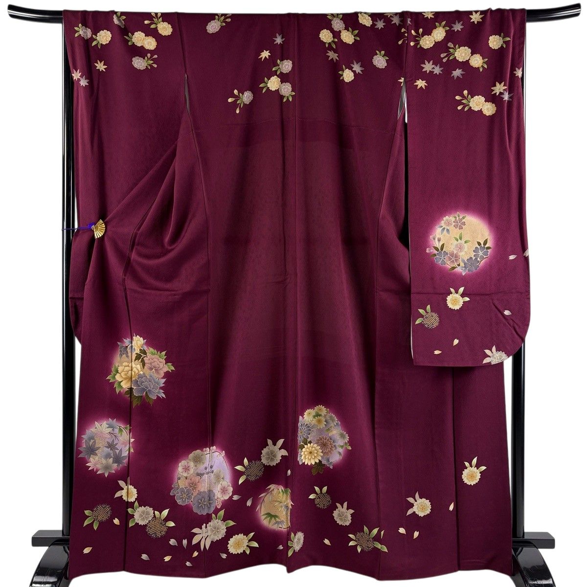 振袖 身丈166.5cm 裄丈70cm L 袷 花丸文 牡丹 金彩 ぼかし 赤紫 正絹 秀品 【中古】