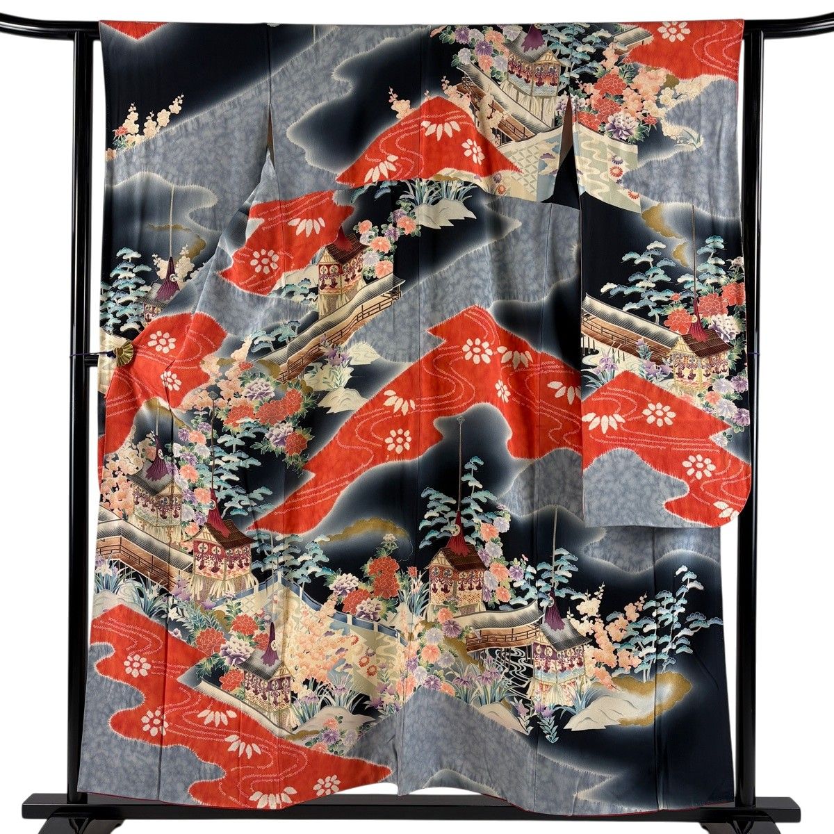 振袖 身丈156cm 裄丈63.5cm S 袷 山鉾 草花 金彩 絞り 灰色 正絹 秀品 【中古】