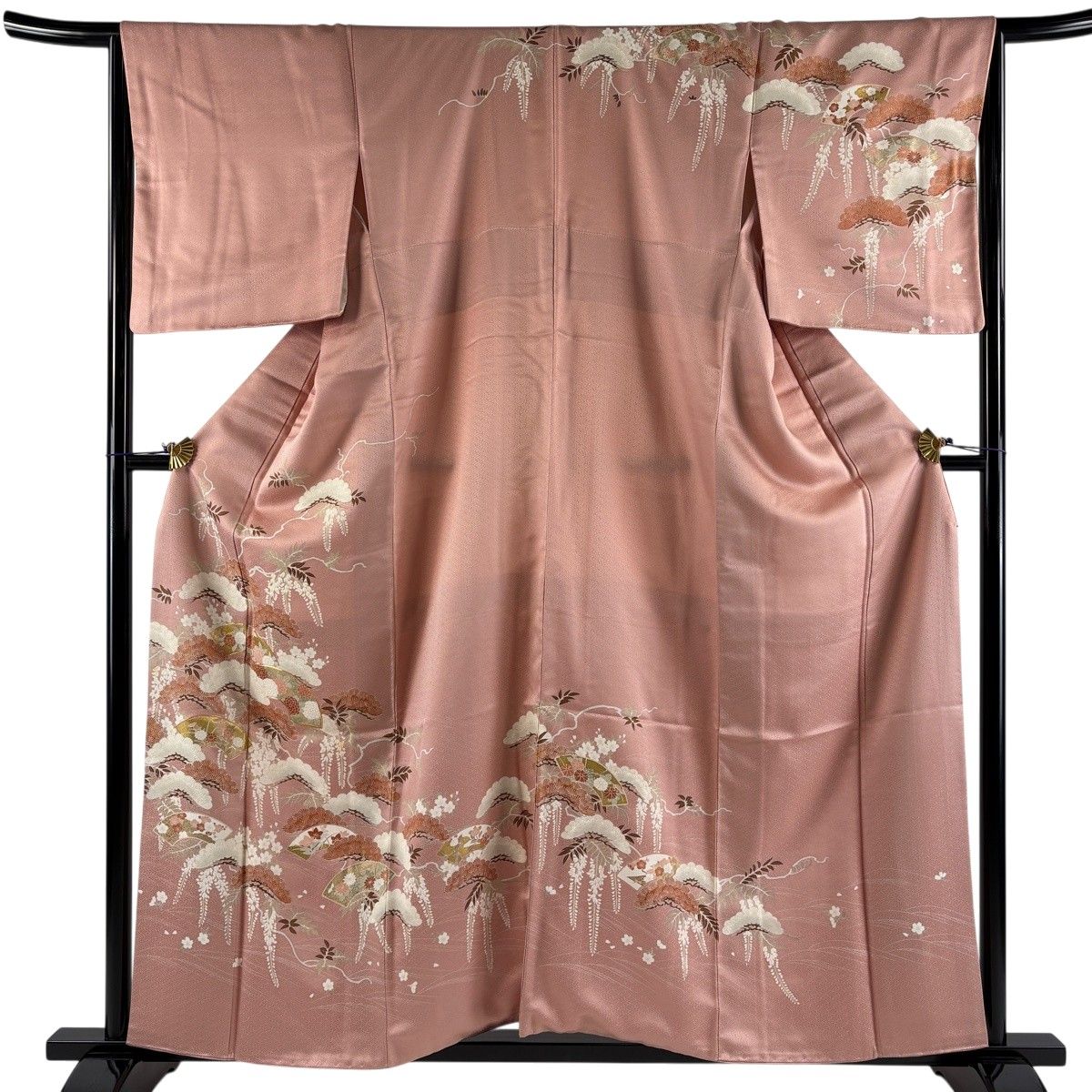 訪問着 身丈157cm 裄丈67cm M 袷 扇面 笠松 金糸 金彩 ピンク 正絹 秀品 【中古】