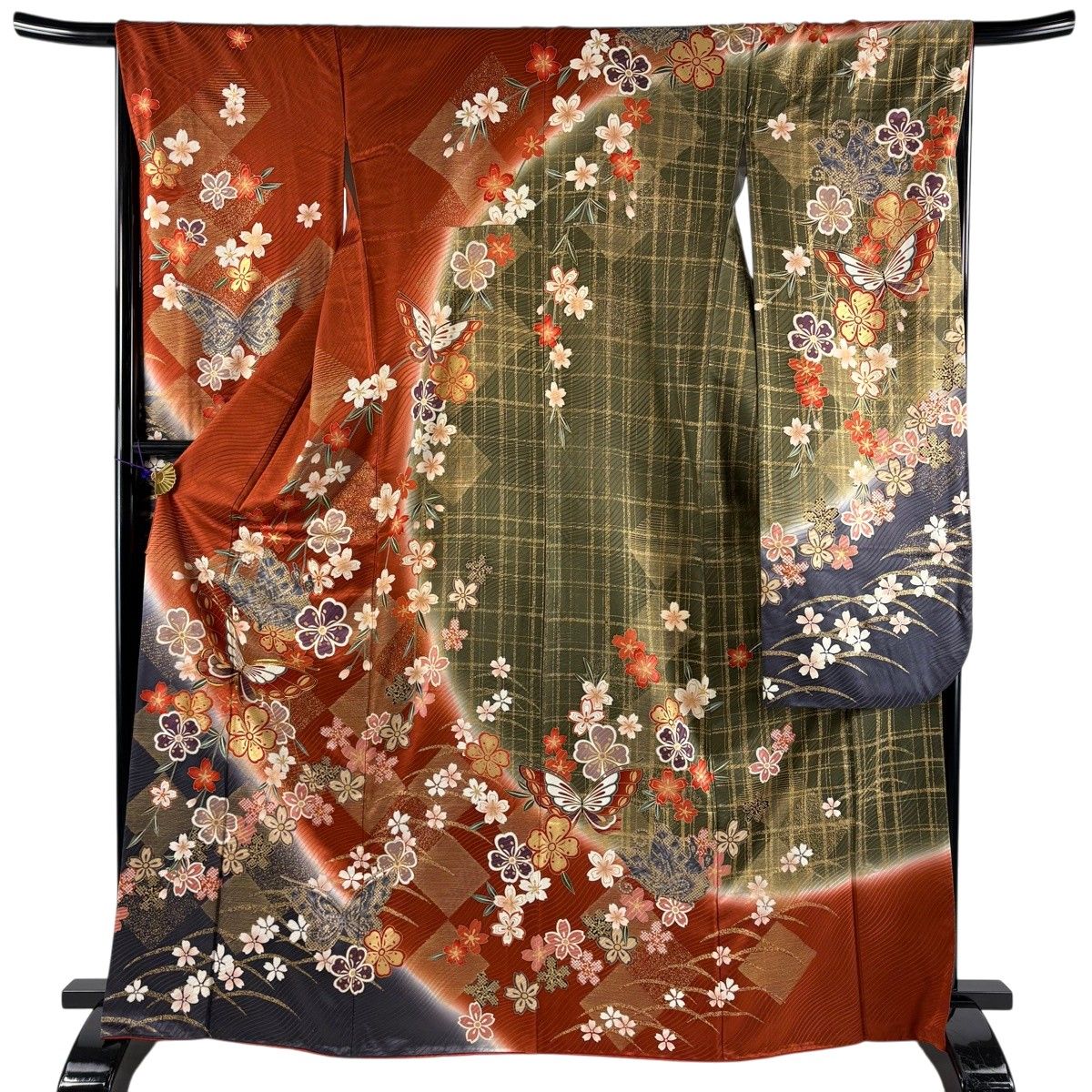 振袖 身丈165cm 裄丈66cm M 袷 蝶 桜 金糸 金彩 赤茶 正絹 秀品 【中古】