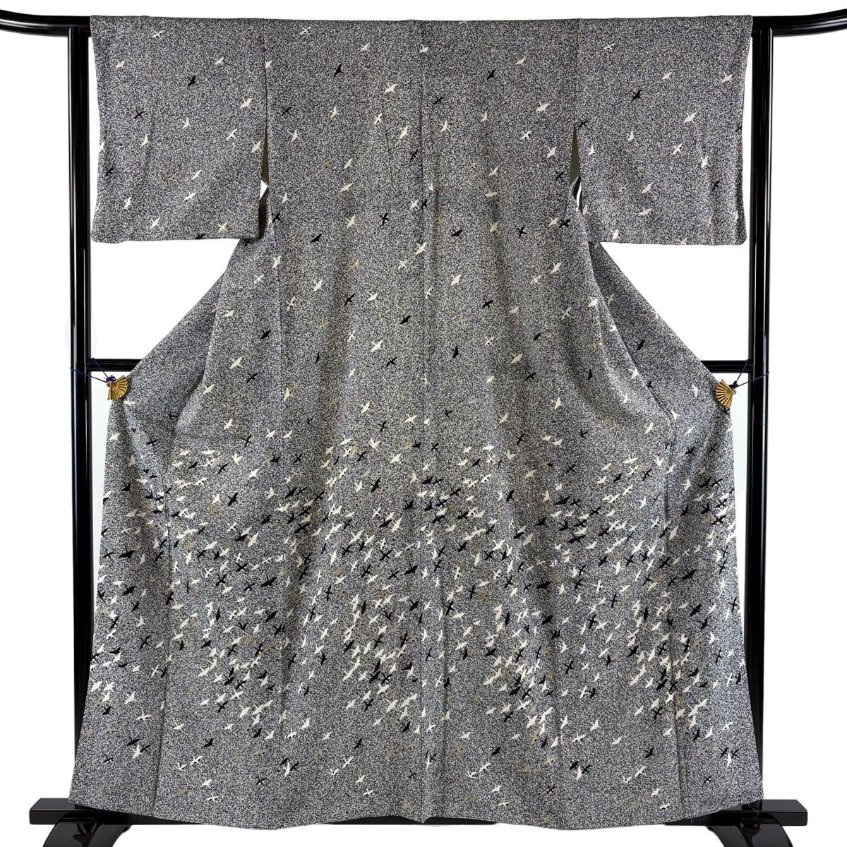 訪問着 身丈158.5cm 裄丈62.5cm S 袷 鶴 金銀彩 灰色 正絹 秀品 【中古】