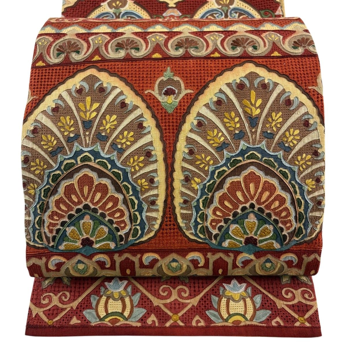【美品】 袋帯 逸品 幾何学模様 草花 刺繍 赤茶 全通 正絹 【中古】