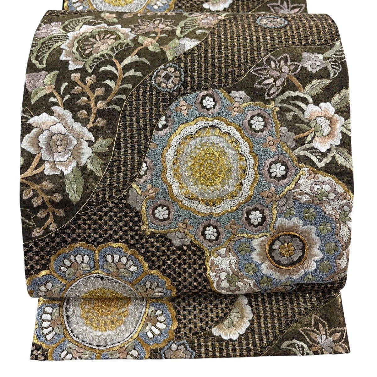 【美品】 袋帯 逸品 華文 草花 刺繍 金銀糸 金茶 六通 正絹 【中古】